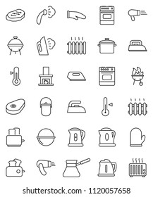 thin line vector icon set - iron vector, steaming, pan, camping cauldron, kettle, cook glove, turk coffee, toaster, oven, thermometer, bbq, steak, fireplace, heating, hair dryer, heater