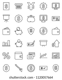 thin line vector icon set - presentation vector, dollar coin, graph, laptop, credit card, wallet, crisis, piggy bank, growth, check, receipt, board, medal, shield, monitor, yen sign, percent