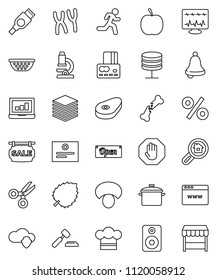 thin line vector icon set - pan vector, colander, cook hat, mushroom, steak, microscope, bell, certificate, scissors, leaf, laptop graph, credit card, auction, diet, run, speaker, hdmi, broken bone