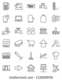 thin line vector icon set - vacuum cleaner vector, mop, sponge, water tap, shining window, closet, cook glove, whisk, cookbook, jar, mushroom, notebook pc, university, exchange, graph, cart, breads