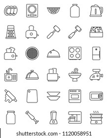 thin line vector icon set - sponge vector, plates, sink, kettle, colander, rolling pin, meat hammer, cutting board, grater, toaster, oven, sieve, dish, jar, fridge, coffee maker, grinder, microwave