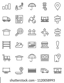 thin line vector icon set - route vector, signpost, map pin, Railway carriage, attention, office, satellite, money, traking, ship, truck trailer, sea container, delivery, car, calendar, receipt, dry