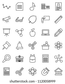 thin line vector icon set - university vector, pencil, school building, blackboard, ruler, glasses, student, backpack, apple fruit, atom, telescope, bell, calculator, notebook pc, paper pin, magnet