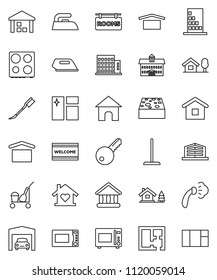 thin line vector icon set - cleaner trolley vector, mop, sponge, car fetlock, window cleaning, welcome mat, iron, steaming, microwave oven, university, dry cargo, warehouse, chalet, garage, plan