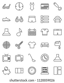 thin line vector icon set - ladle vector, mixer, glasses, abacus, music, piggy bank, clock, calendar, snickers, shorts, swimsuite, t shirt, target, tv, scissors, cushioned furniture, menu, hood