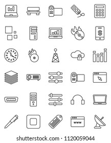 thin line vector icon set - pen vector, laptop graph, clock, barcode, music hit, antenna, equalizer, headphones, stop button, hdmi, cloud lock, big data, browser, bench, loading, calculator, tap pay