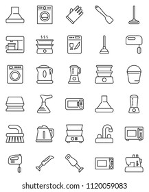 thin line vector icon set - plunger vector, fetlock, mop, bucket, sponge, rubber glove, water tap, kettle, spatula, microwave oven, double boiler, blender, washer, dishwasher, mixer, coffee maker
