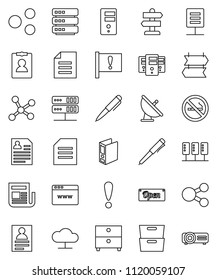 thin line vector icon set - pen vector, document, archive, personal information, binder, no smoking, signpost, attention, satellite antenna, newspaper, network, server, cloud, big data, browser