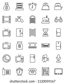 thin line vector icon set - water tap vector, washboard, kettle, glasses, alarm clock, abacus, money bag, phone, film frame, tv, video camera, microphone, sand, fridge, closed, sewing machine