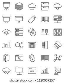 thin line vector icon set - presentation vector, archive, graph, binder, board, music hit, social media, network, server, folder, cloud, exchange, big data, browser, hub, upload, barcode, usb