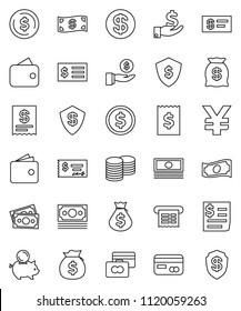 thin line vector icon set - dollar coin vector, credit card, wallet, cash, money bag, piggy bank, investment, stack, check, receipt, shield, yen sign