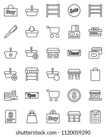 thin line vector icon set - pen vector, dollar coin, cart, credit card, office, shelving, sale, open, closed, shopping bag, market, store, mall, buy, receipt, basket, list