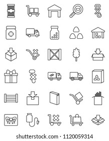 thin line vector icon set - washing powder vector, cereal, pasta, delivery, wood box, cargo, no trolley, hook, warehouse, package, search, pills bottle, drop counter, relocation truck, gift