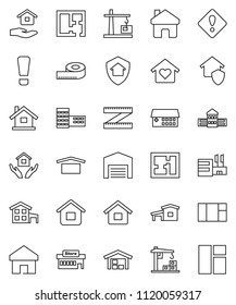 thin line vector icon set - house hold vector, school building, measuring, dry cargo, hospital, home, attention sign, cottage, barn, plan, love, construction crane, protect, mall, window