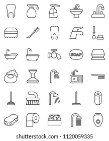 thin line vector icon set - soap vector, water tap, fetlock, mop, sponge, car, bath, toilet brush, liquid, paper, shower, sink, tooth, epilator