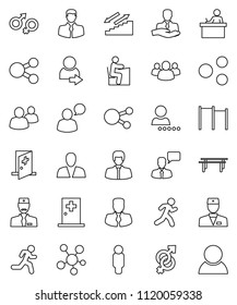 thin line vector icon set - student vector, manager, man, horizontal bar, stairways run, client, speaking, social media, group, doctor, gender sign, medical room, share, login, consumer