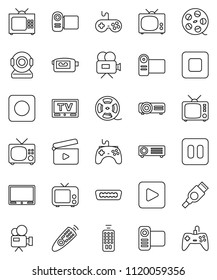 thin line vector icon set - cinema clap vector, film spool, tv, gamepad, video camera, remote control, play button, pause, stop, rec, hdmi, web, projector