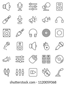 thin line vector icon set - disk vector, music hit, microphone, speaker, loudspeaker, settings, headphones, forward button, rec, rca, jack, equalizer