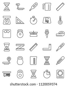 thin line vector icon set - measuring cup vector, scales, corner ruler, sand clock, stopwatch, weight, big, thermometer, store, kitchen