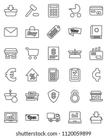 thin line vector icon set - cart vector, laptop graph, percent growth, euro sign, cent, office, barcode, credit card, new, open, store, mall, buy, reader, receipt, basket, shopping list, calculator