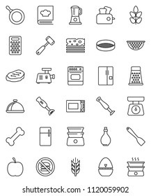 thin line vector icon set - pan vector, oil, colander, scales, cook timer, spatula, meat hammer, grater, microwave oven, double boiler, cookbook, blender, sieve, dish, steak, diet, cereals, breads