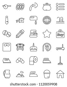 thin line vector icon set - mop vector, bucket, iron, steaming, toilet paper, plates, jug, cake, pencil, school bus, world, tie, scales, pool, pills, eye doctor hat, cottage, mountain, wallet, star
