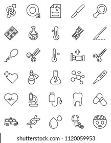 thin line vector icon set - thermometer vector, flask, heart pulse, pills, molecule, oxygen, cross, gender sign, dna, magnifier, crutches, scissors, scalpel, stethoscope, blister, microscope, potion