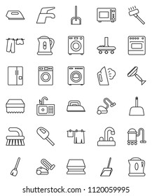 thin line vector icon set - scraper vector, broom, water tap, vacuum cleaner, fetlock, scoop, sponge, steaming, drying clothes, washer, sink, kettle, microwave oven, fridge, iron