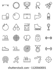 thin line vector icon set - award cup vector, barbell, weight, jump rope, hand trainer, punching bag, fitball, muscule, snickers, boxing glove, shorts, roller Skates, skateboard, target, medal, pool