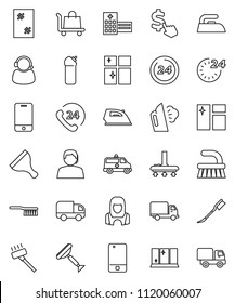 thin line vector icon set - scraper vector, vacuum cleaner, fetlock, car, window cleaning, iron, steaming, agent, shining, woman, dollar cursor, phone 24, support, delivery, mobile, amkbulance, hour