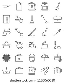 thin line vector icon set - plunger vector, broom, water tap, bucket, car fetlock, toilet brush, pan, kettle, measuring cup, cook press, whisk, ladle, sieve, case, hand trainer, umbrella, scalpel