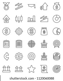 thin line vector icon set - graduate hat vector, clipboard, certificate, graph, pie, japanese candle, money bag, dollar growth, bank building, target, medal, cent sign, stairways run, top, favorites