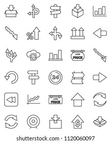 thin line vector icon set - graph vector, crisis, percent growth, dollar, target, arrow up, route, signpost, top sign, package, backward button, cloud exchange, refresh, undo, low price signboard