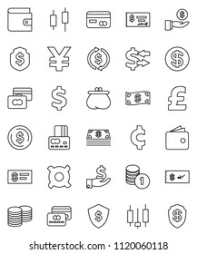 thin line vector icon set - exchange vector, dollar coin, japanese candle, credit card, wallet, investment, stack, check, shield, any currency, pound, yen sign, cent, cash