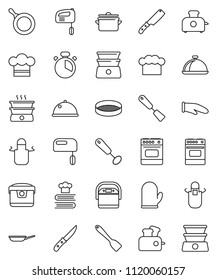 thin line vector icon set - pan vector, cook hat, apron, glove, timer, whisk, spatula, knife, oven, double boiler, cookbook, sieve, dish, mixer, multi cooker, toaster