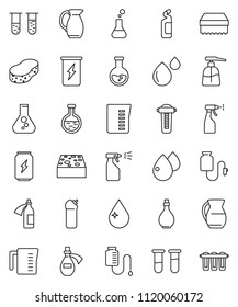 thin line vector icon set - sponge vector, water drop, liquid soap, sprayer, cleaning agent, oil, measuring cup, jug, flask, enegry drink, vial, blood, potion, counter, filter