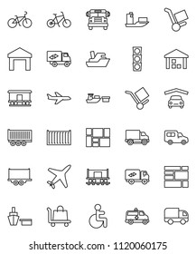 thin line vector icon set - school bus vector, bike, Railway carriage, plane, traffic light, ship, truck trailer, sea container, delivery, car, port, consolidated cargo, warehouse, disabled, garage