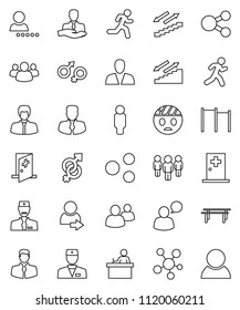 thin line vector icon set - student vector, manager, man, horizontal bar, stairways run, client, speaking, social media, group, doctor, gender sign, head bandage, medical room, share, login