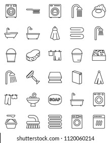thin line vector icon set - soap vector, scraper, fetlock, bucket, sponge, towel, bath, drying clothes, washer, washing powder, shower, sink, dishwasher
