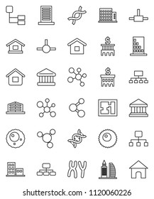 thin line vector icon set - molecule vector, bank, building, hierarchy, dna, chromosomes, ovule, connect, plan, apartments, office, home