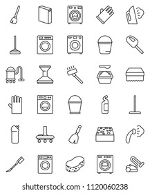 thin line vector icon set - broom vector, vacuum cleaner, mop, bucket, sponge, car fetlock, steaming, washer, washing powder, cleaning agent, rubber glove