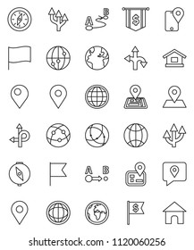 thin line vector icon set - compass vector, world, flag, dollar, route, navigator, earth, map pin, traking, internet, connection, globe, arrow, home