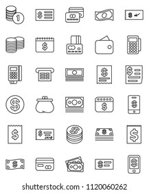 thin line vector icon set - credit card vector, cash, coin stack, check, receipt, dollar calendar, money, wallet, reader, tap pay