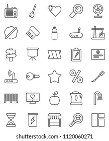 thin line vector icon set - broom vector, car fetlock, splotch, apple fruit, certificate, presentation, enegry drink, water bottle, heart monitor, cross, signpost, clipboard, cargo search, favorites