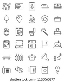 thin line vector icon set - scraper vector, vacuum cleaner, toilet, shining window, pan, measuring cup, double boiler, cereal, microscope, flag, receipt, route, pills, bottle, chromosomes, bench