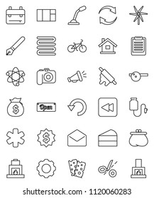 thin line vector icon set - towel vector, rolling pin, cake, pen, backpack, atom, clipboard, money bag, dollar medal, bike, breads, camera, mail, backward button, ambulance star, eye doctor hat