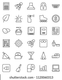 thin line vector icon set - broom vector, washing powder, sprayer, toilet paper, kettle, colander, towel, rolling pin, potato, copybook, calculator, abacus, leaf, dollar coin, graph, target, scales