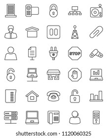 thin line vector icon set - measuring cup vector, graph, laptop, manager, hierarchy, support, dry cargo, radio, antenna, video camera, notebook pc, pause button, pills, network, server, document