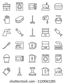 thin line vector icon set - plunger vector, water tap, fetlock, mop, bucket, sponge, car, washing powder, rubber glove, kettle, microwave oven, double boiler, blender, washer, dishwasher, mixer
