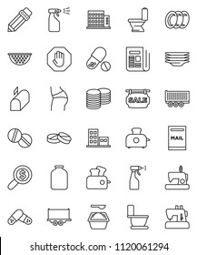 thin line vector icon set - toilet vector, washing powder, sprayer, plates, colander, jar, pencil, coin stack, money search, buttocks, pills, truck trailer, newspaper, stop, mailbox, sale signboard